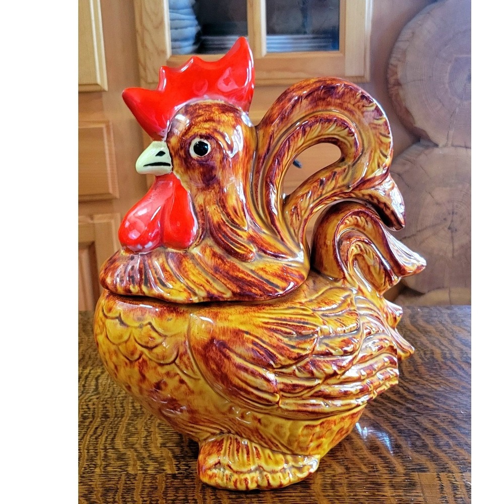 Vintage Farmhouse Ceramic Rooster Cookie Jar Brown Red Glossy Barnyard Decor 11"